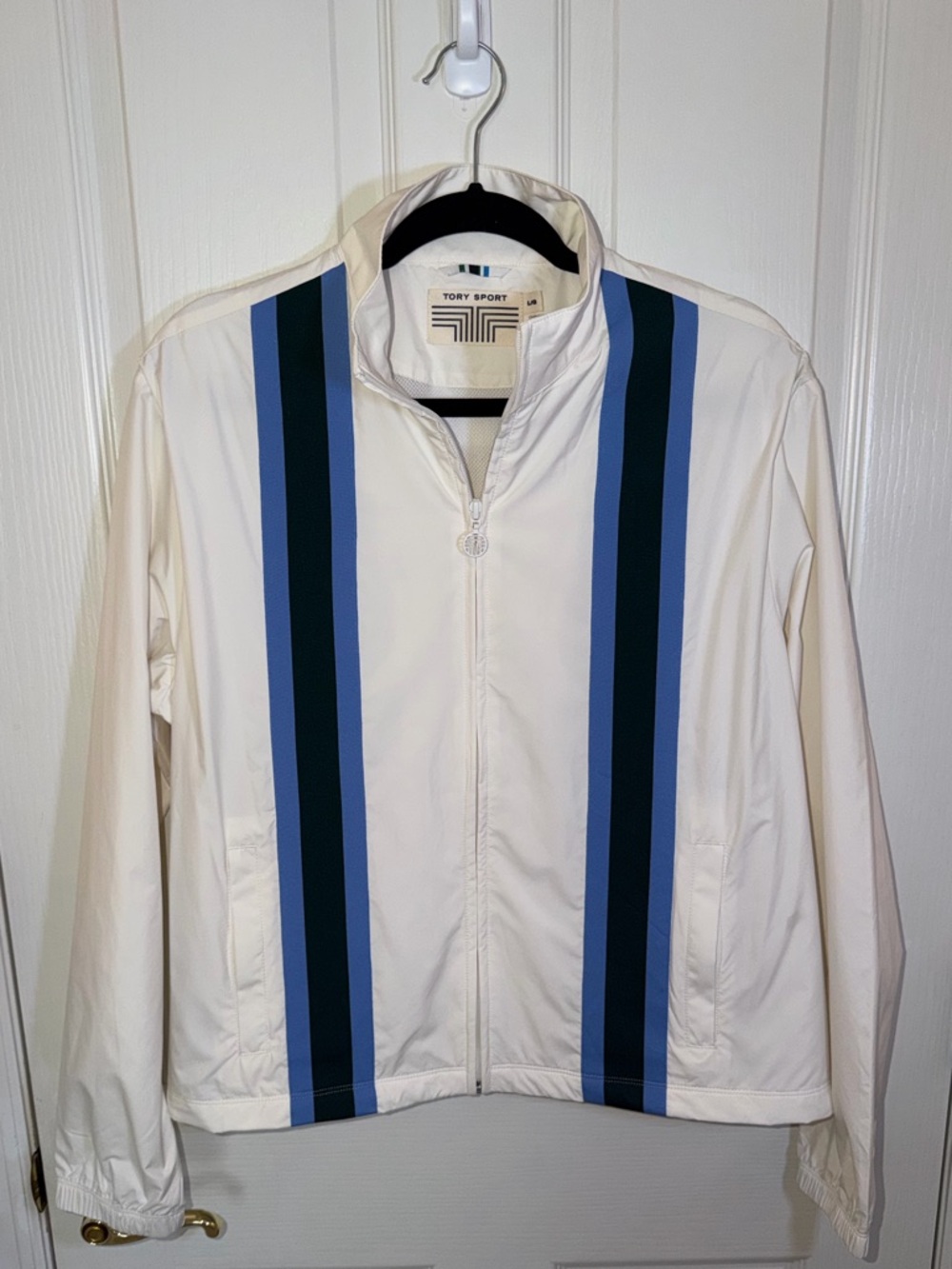 Tory Sport Full-Zip Golf Windbreaker Jacket in White with Vertical Blue Stripes